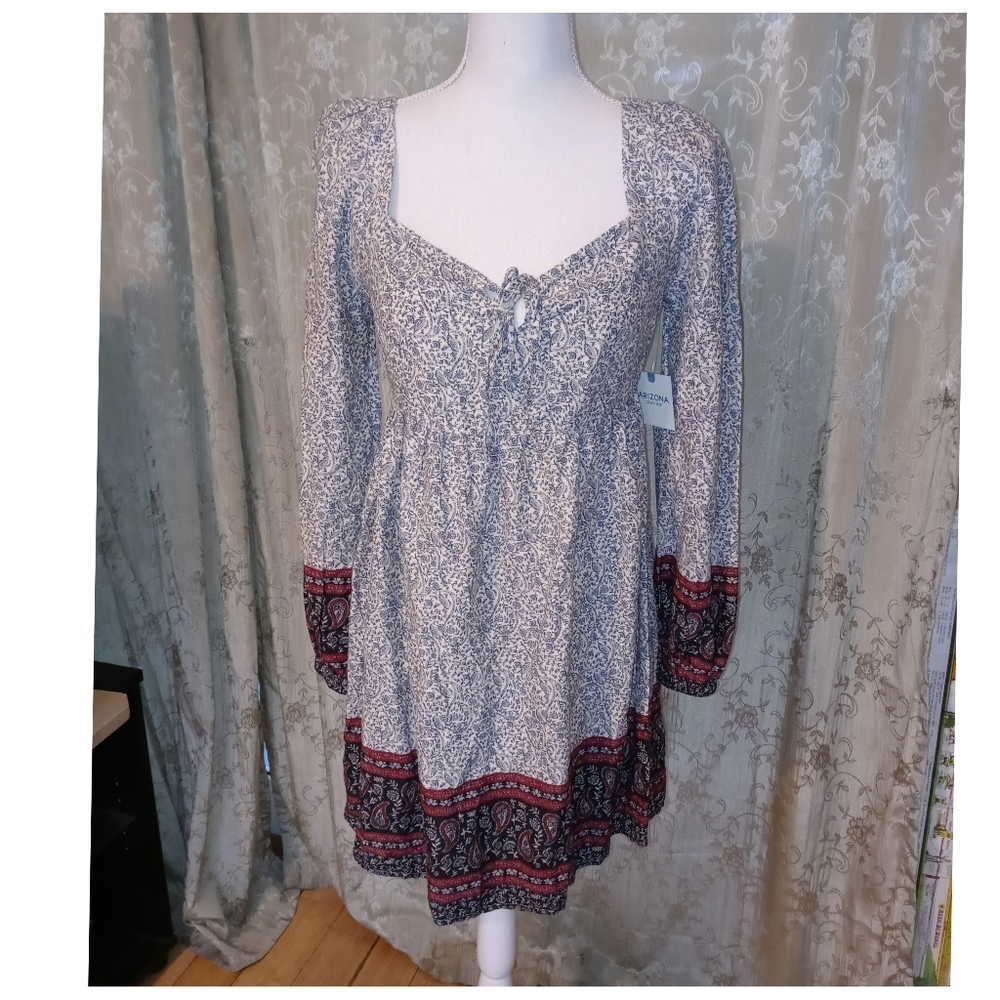 NEW Boho White Swan Paisley Blue Peasant Baby Doll Dress Puff Sleeve Size Small